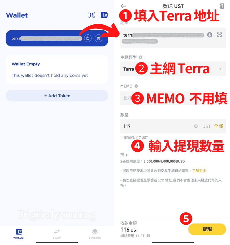 填寫 Terra Station 地址，主網為 Terra，MEMO 不用填寫，再輸入提現數量之後按「提現」按鈕。