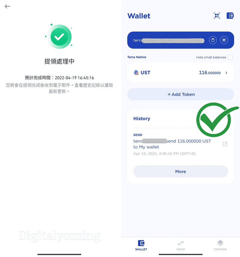 幣安提現到 Terra Station 成功