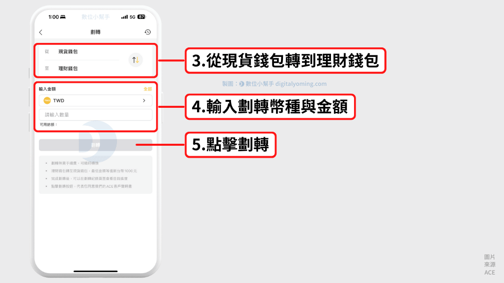 設定劃轉金額並點擊劃轉