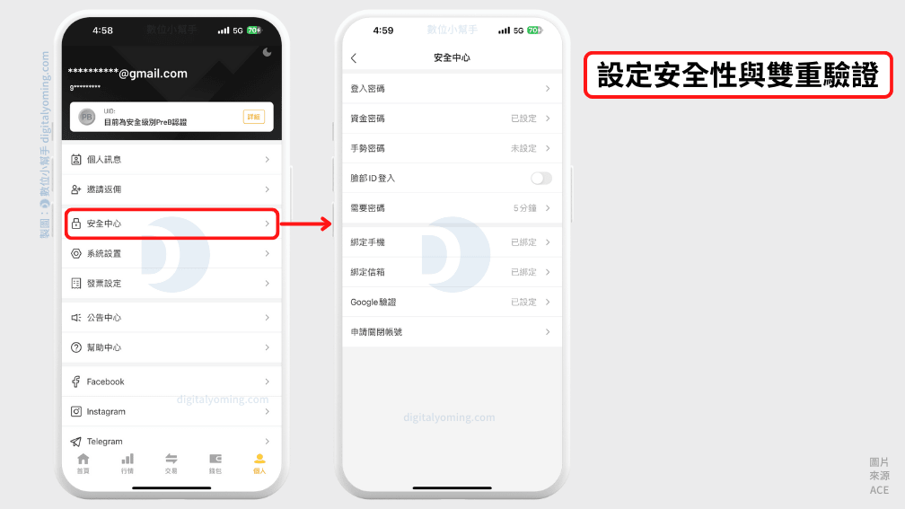 ACE設定資金密碼與雙重驗證,綁定手機號碼