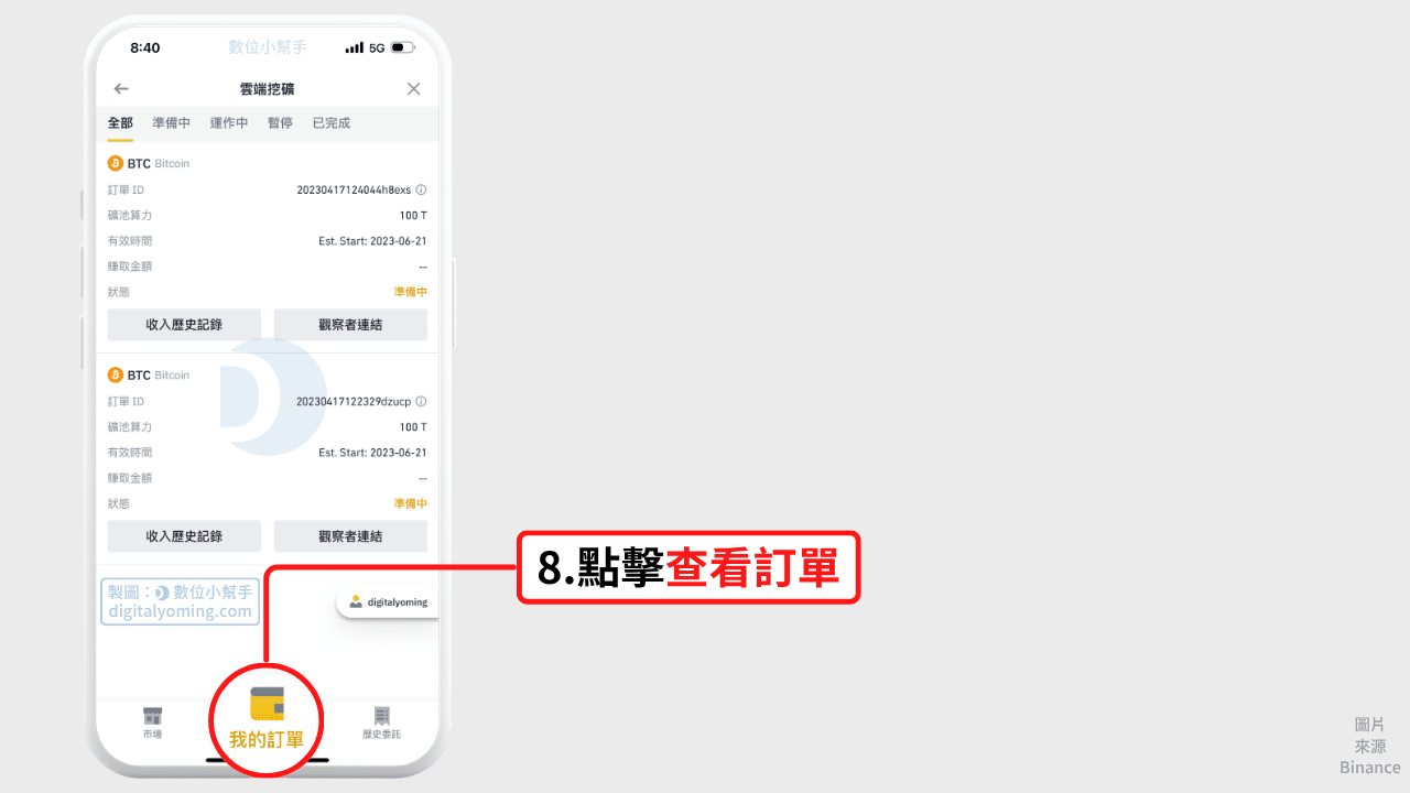 查看已購買的 BTC 挖礦訂單