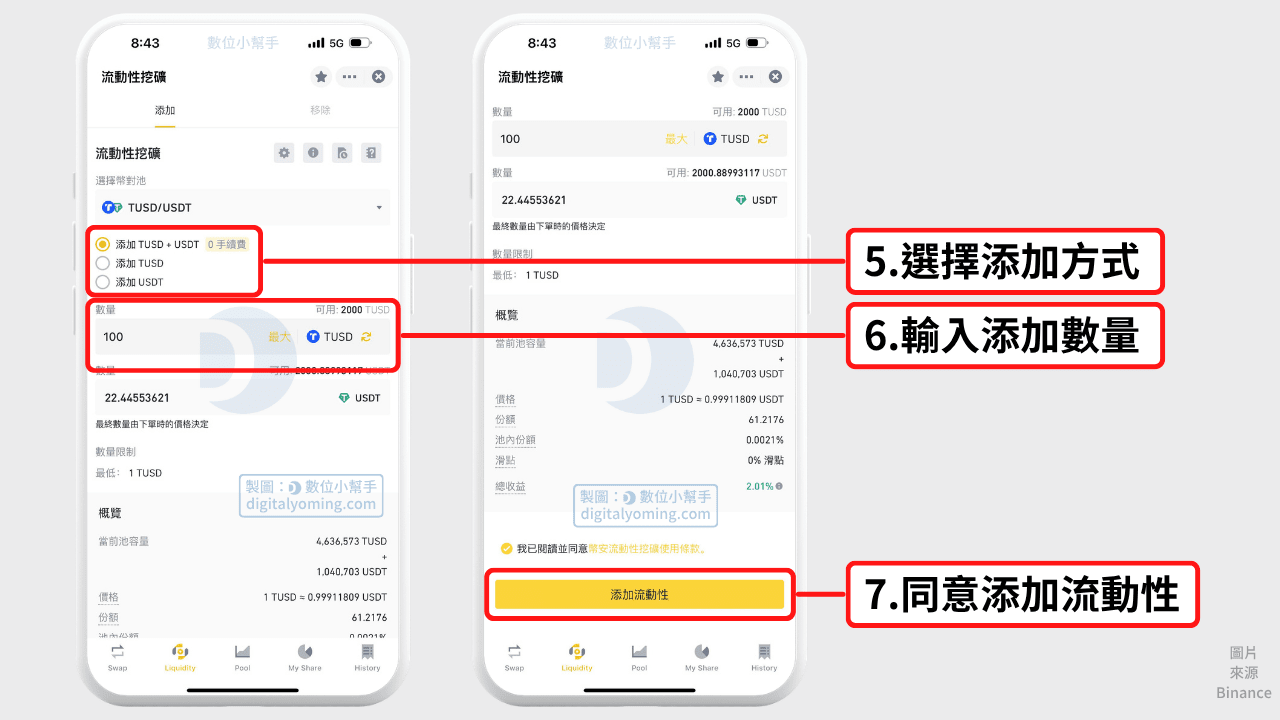 選擇添加方式跟輸入添加數量並同意添加流動性