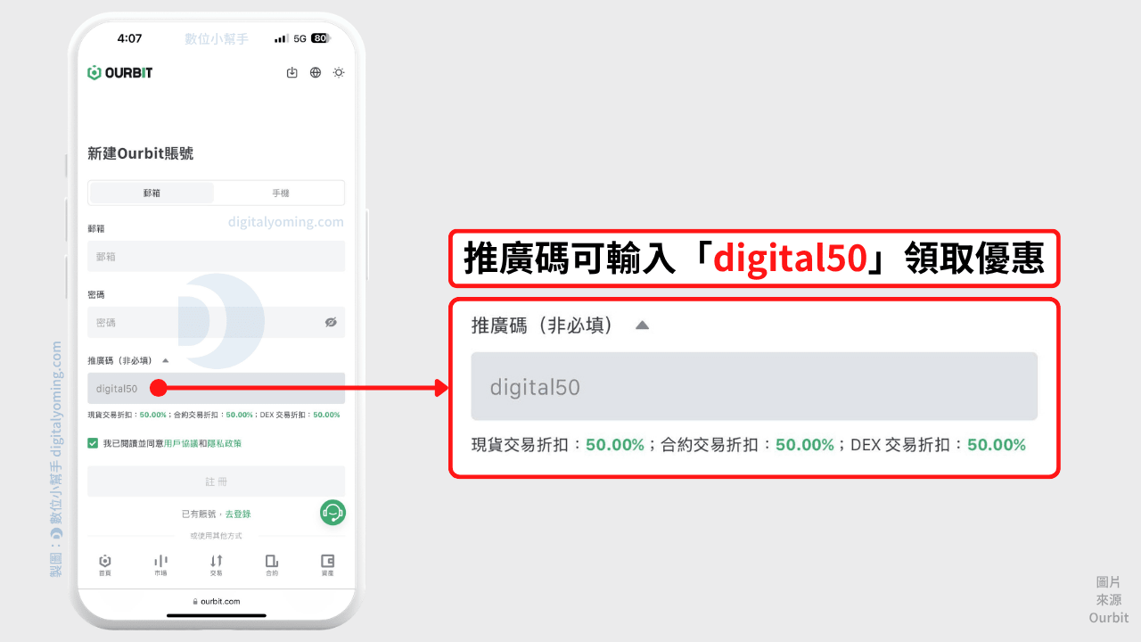 Ourbit 推薦邀請碼輸入「digital50」可獲得交易折扣 Ourbit 推薦邀請碼輸入「digital50」可獲得交易折扣