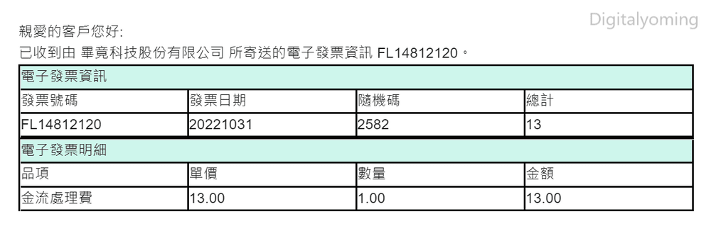 BITGIN 金流處理費發票 BITGIN 金流處理費發票