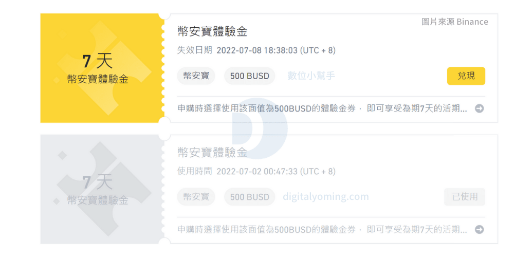 已使用的幣安寶體驗金會呈現灰色的狀態